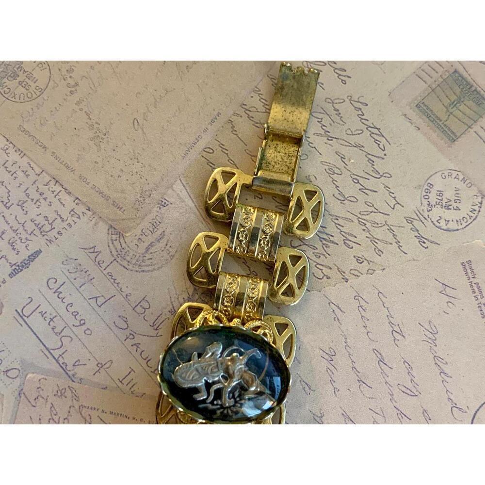Vintage Black & Gold-Finish Thai Dancer Link Bracelet -Intaglio Cabochon Jewelry - Picture 4 of 6